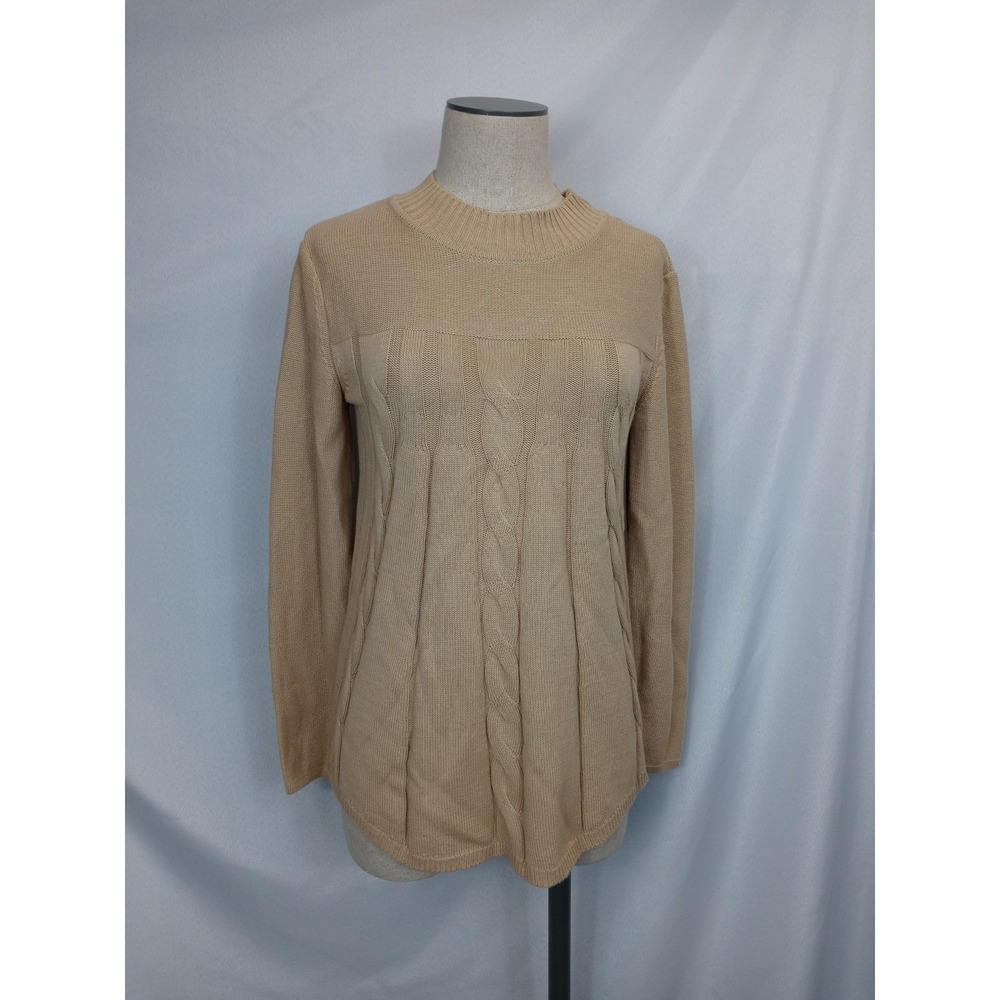 Kim Rogers Cable Knit Sweater Womens Small Tan Beige Pullover Mock Neck Classic